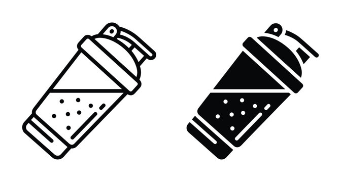 Protein shaker bottle icon set for fitness gym workout nutrition supplements sports drink container outline and solid silhouette vector graphic