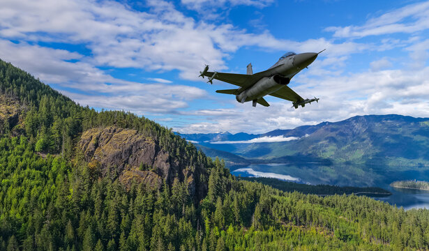 Fighter Jet Flying Low Over Mountain Landscape and Forest Lake &mdash; 3D Rendering Background From BC Canada