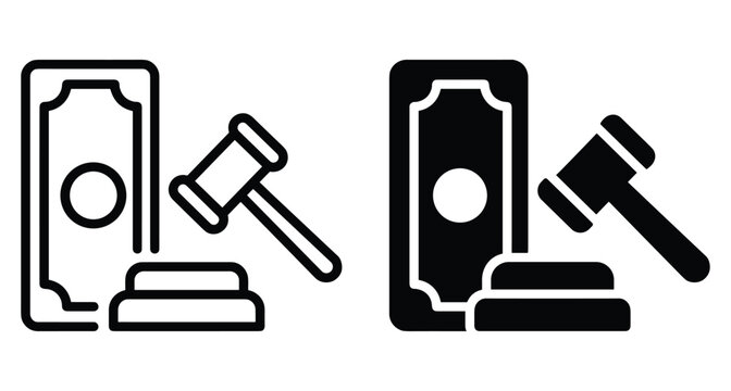 Legal gavel and money banknote icons representing court fines legal fees auction bidding justice system financial law and corruption concepts