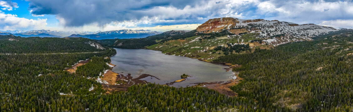 Scenic Aerial View of Beartooth Lake and Mountain Range