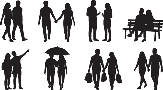 Romantic Couples Silhouettes Set Showcasing Lovers Walking Holding Hands Shopping and Sitting on a Bench