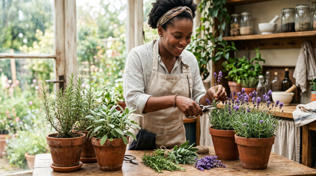Black, African-American woman in natural linen apron carefully harvesting fresh rosemary, sage, and lavender herbs from terracotta pots on a rustic wooden table indoors