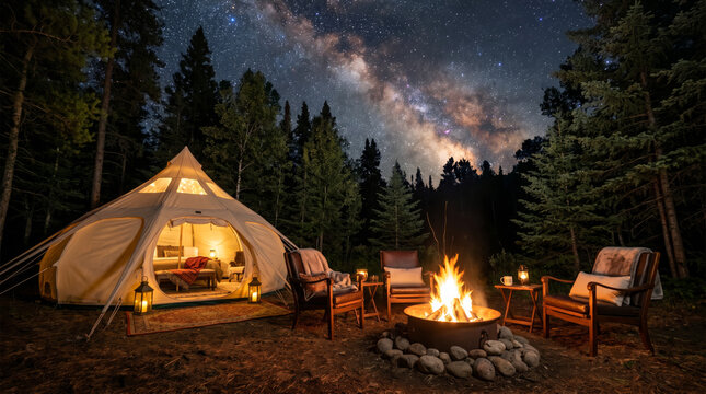 Campfire with elaborate, upscale tent and chairs in a serene forest at night with stars and galaxies above