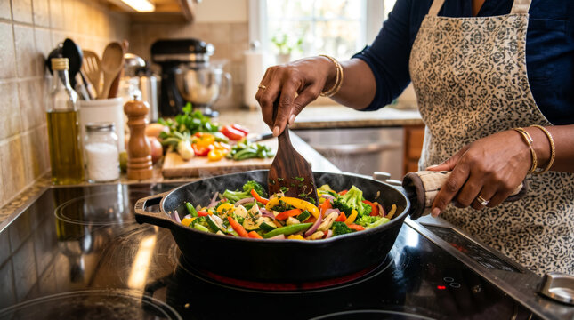 Black, African-American hands cooking fresh vegetables in a black skillet on a ceramic cooktop