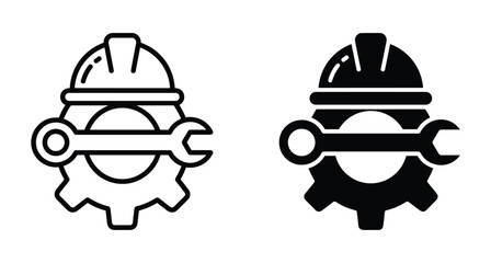 Fototapeta premium Industrial maintenance icon set featuring safety hard hat gear and wrench symbols for construction engineering repair service and technical support work
