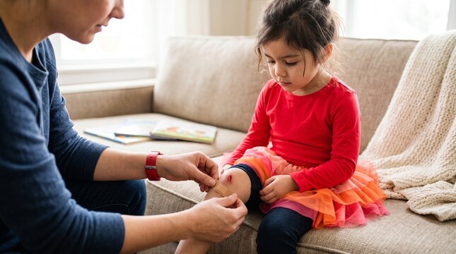 Mother applying bandage to daughter's injured knee at home
