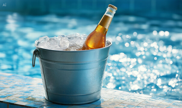 Cold beer bottle in ice bucket by pool
