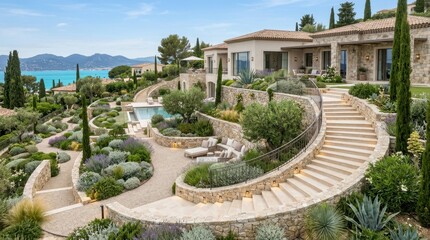 Fototapeta premium Luxury Mediterranean Villa with Infinity Pool and Lush Terraced Gardens Overlooking the Sea
