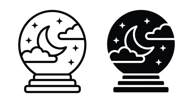 Crystal ball icon set with crescent moon clouds and stars for fortune telling magic divination mystical prediction occult spiritual astrology