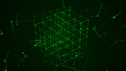 Fototapeta premium Green glowing wireframe cube on dark background with connected dots and lines. Futuristic digital structure for technology, network, data, blockchain and cyber security design.