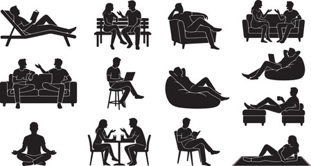 Obraz premium People silhouettes set in various relaxing poses sitting on furniture and floor vector illustration collection