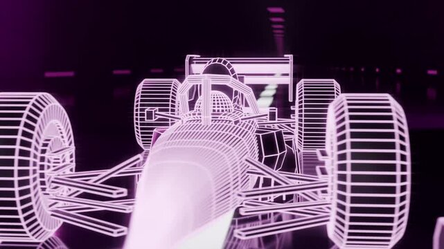Moving camera circling wireframe Formula car in studio, revealing cockpit, wheels, neon reflections