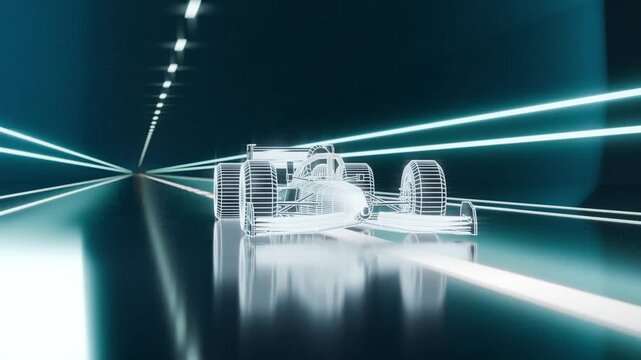 Dollying camera revealing white wireframe F1 car approaching camera in teal tunnel, mirrored neon