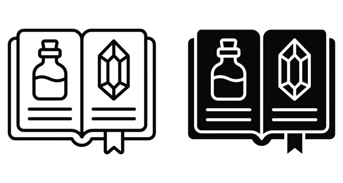 Open magic spellbook icons with potion bottle and crystal gem symbols in line and solid styles for fantasy game interface