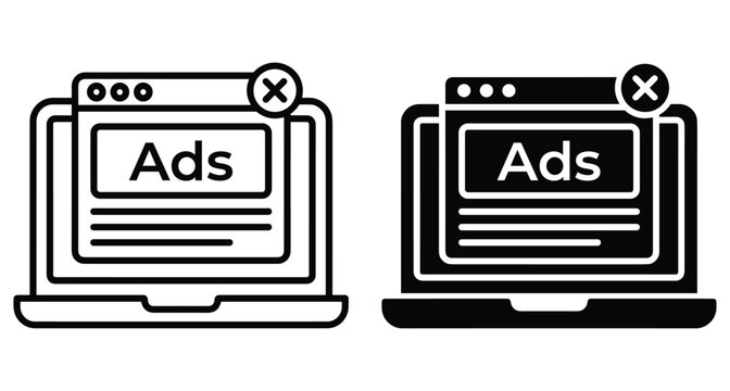 Laptop computer screen with pop up advertisement window showing ads text and close button icon in outline and solid style