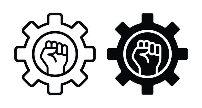 Clenched fist inside gear icon representing labor union worker rights industrial protest power solidarity movement strength and mechanical engineering symbol