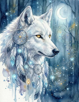 Mystical white wolf adorned with dreamcatchers and feathers under a crescent moon