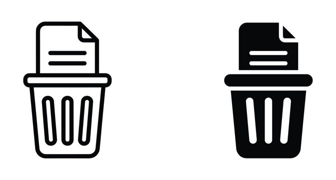 Trash can icon with document inside representing delete file or remove data in outline and solid black vector style graphic
