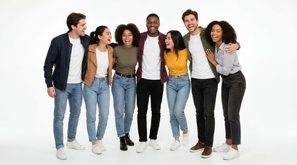 Obraz premium Diverse group of happy friends standing together and laughing on a white background, sharing a joyful moment of unity
