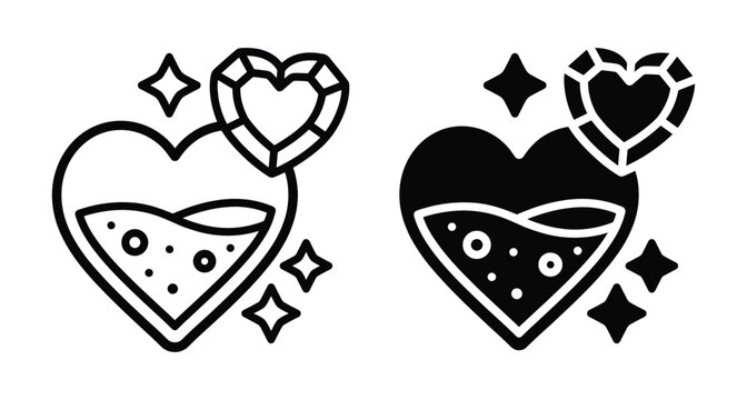 Heart shaped magic potion bottle icon set with liquid and diamond gem topper for fantasy games love romance and alchemy