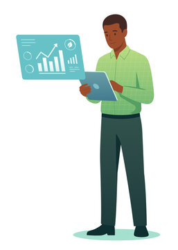 African American man holding a tablet with a holographic environmental data dashboard. Flat vector illustration of green technology and analytics concept isolated on white.
