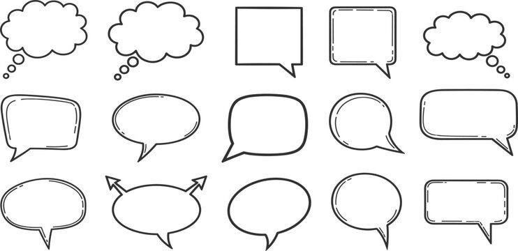 Hand Drawn Speech Bubble Collection with Chat Message Thought Clouds and Comic Dialogue Boxes for Communication Design
