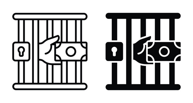 Prison bars icon with hand holding money banknote representing bribery corruption bail payment financial crime justice system and illegal payoff