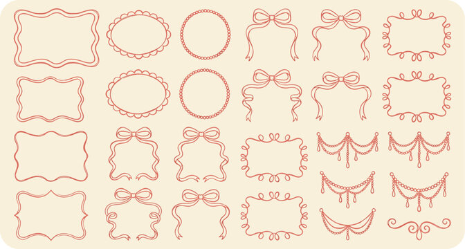 Assorted collection of vintage hand drawn frames bows and decorative border elements with decorative handdrawn elements collection invitation ornament ornamental stationary frameset