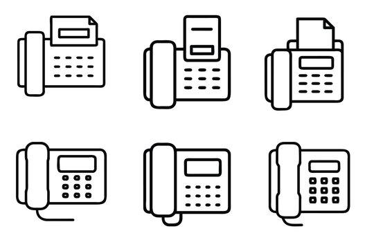 Telephone fax machine landline office communication web line icons set handset keypad paper document message button screen & more vector illustration with editable stroke