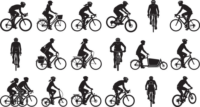 Set of cyclist silhouettes in various riding positions and bike types for urban transport and sport design
