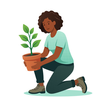 African American woman kneeling and holding a potted green plant. Flat vector illustration of gardening, plant care, and eco concept isolated on white.