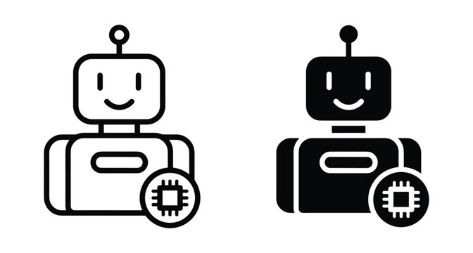 Robot icon set with microchip symbol representing automation technology processor hardware digital intelligence machine learning electronic circuit engineering software development
