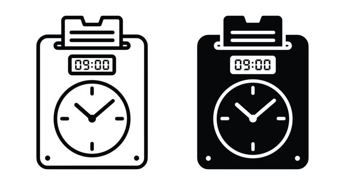 Time clock icon set showing employee attendance punch machine with analog clock face digital display and timecard for work tracking