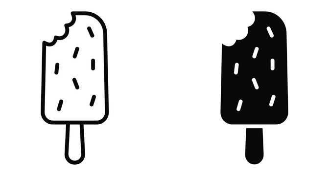 Ice cream bar icon set with bitten corner and sprinkles on stick in outline and solid black minimalist vector style