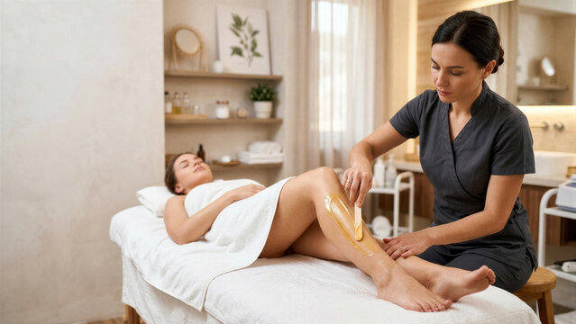 Beautician applying warm wax on woman leg for hair removal procedure. Professional cosmetologist providing depilation service in spa beauty salon. Skin care and body treatment concept.