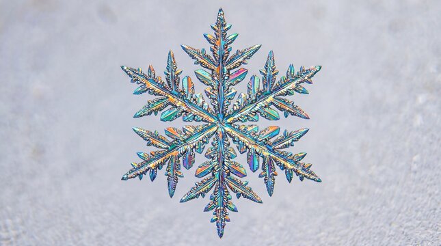 Vibrant colorful snowflake crystal forms intricate patterns under microscope