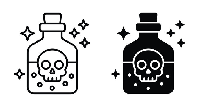 Poison bottle icon set with skull symbol magic potion glass jar for halloween alchemy toxic liquid chemical flask outline glyph
