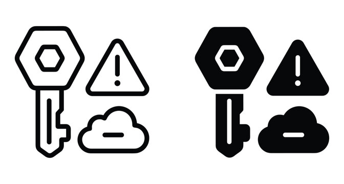 Cloud security warning icons featuring key access symbol alert triangle and data removal cloud in outline and solid black styles