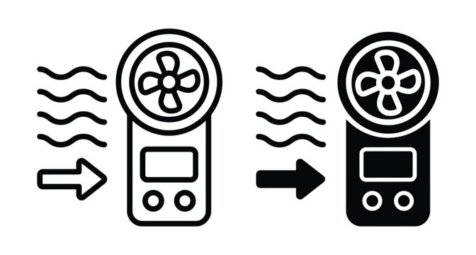 Handheld anemometer icon set showing wind speed measurement device with propeller digital display and airflow direction symbols for weather monitoring