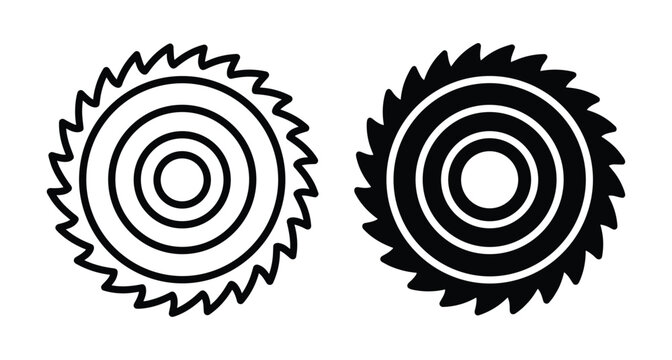 Circular saw blade icons for carpentry and industrial construction projects featuring sharp teeth and round metal cutting tool design elements