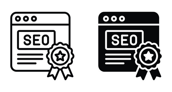 SEO optimization web browser icon set with quality badge and star ribbon for search engine ranking and digital marketing services