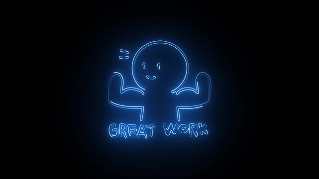 Neon Great Work Sign Loop - Glowing Character Flexing Biceps Electric Animation on a Dark Background