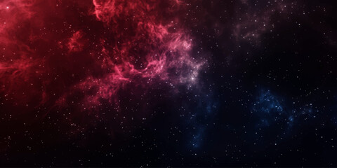 Vibrant red and blue nebulae swirl amidst a field of distant stars, creating a cosmic spectacle of profound beauty and mystery in the vast expanse of outer space. © RD Visuals