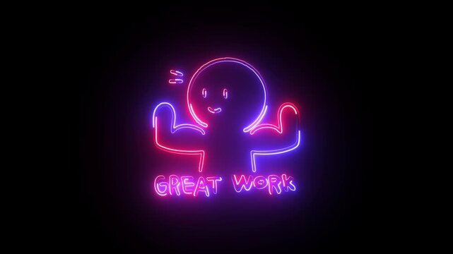 Neon Great Work Sign Loop - Glowing Character Flexing Biceps Electric Animation on a Dark Background