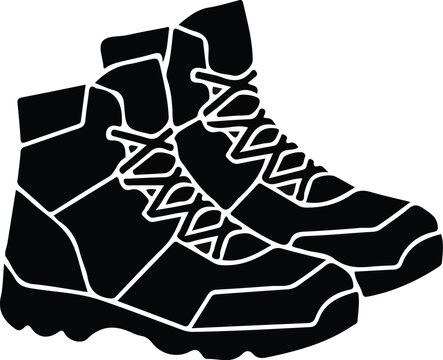 Hiking boots silhouette pair, geometric outdoor adventure trekking shoes or safety footwear vector icon.