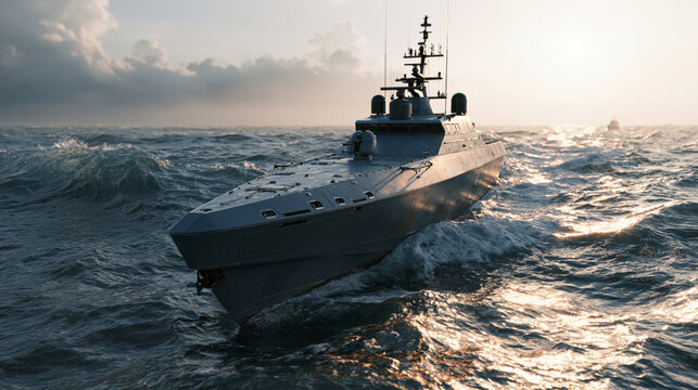 Military unmanned surface vessel equipped with radar systems patrolling tropical waters, cinematic maritime surveillance atmosphere