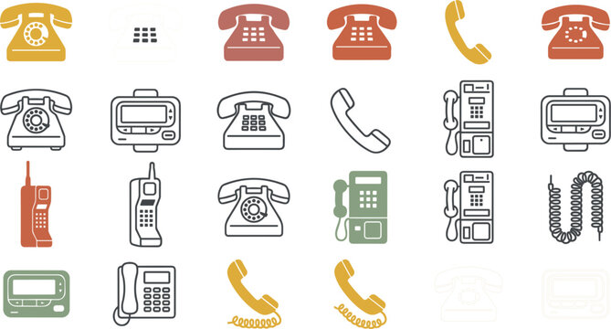 Vintage Retro and Classic Telephone Vector Icon Set with Rotary Dial Phones Payphones Mobile Cellphones and Communication Hardware Symbols