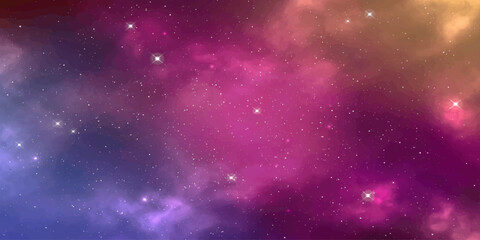 A vibrant nebula, painted in hues of purple, pink, and gold, sparkles with distant stars, evoking the vastness and mystery of the cosmos. © RD Visuals