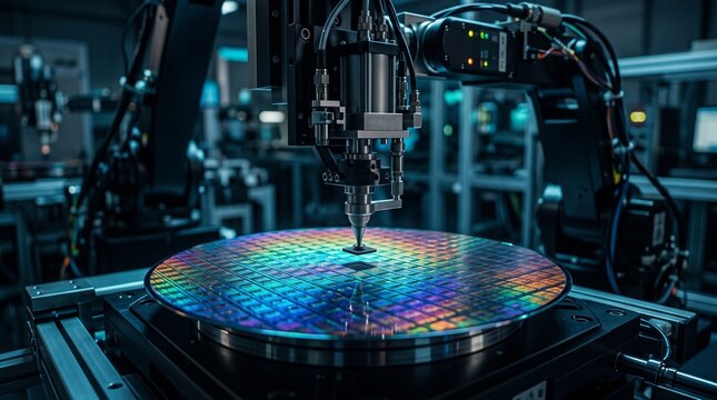 Computer Chips are being Extracted by a Pick and Place Machine from a Wafer and Attached to a Substrate. Microchip Manufacturing at a Factory. Close-up of Semiconductor Packaging Process.