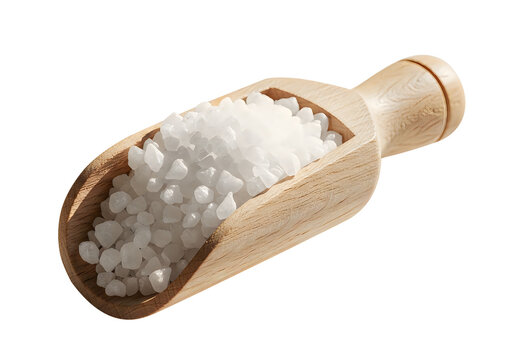 Heap of white salt crystals in wooden scoop, Close-up